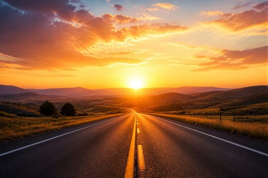A long, straight road stretches out under a bright sunset sky. The sun sets behind distant hills, painting the sky in warm colors. The scene shows nature and quiet roads.