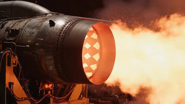 Close up of turbojet engine igniting with powerful afterburner flame with intense orange afterburner