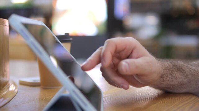 Hand taps tablet on wooden table in cozy cafe. Warm light glows softly in background. Focused user interacts with digital screen. Perfect for tech, business, or lifestyle content