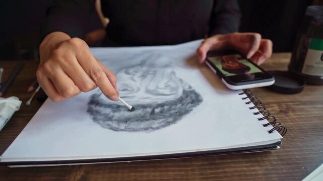 Artist sketching tiger portrait from smartphone reference on wooden table