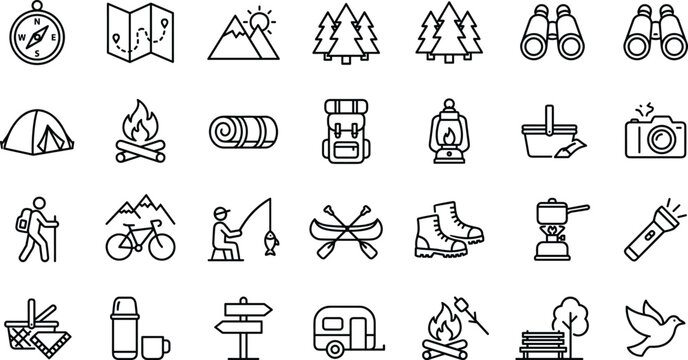 Outdoor Camping and Adventure Icon Set with Nature Hiking Equipment Symbols for Tourism Travel Designs