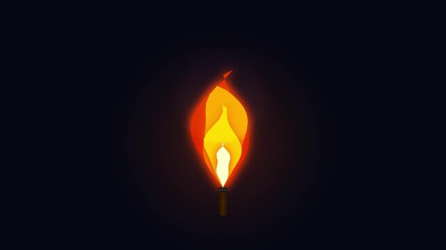 Single lit torch with bright orange and yellow flame flickering in the dark, represents warmth and guidance