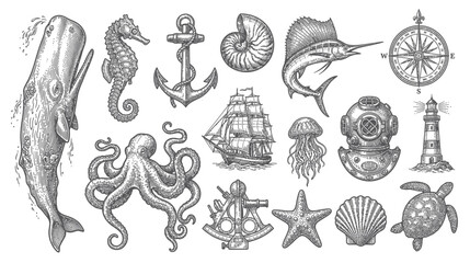 Nautical Vintage Elements Collection: Whale, Seahorse, Anchor, Ship, Compass, Octopus, Diver © Deni