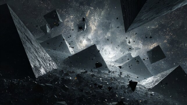 Dark space with shattered pyramids, surreal cosmic landscape featuring ancient geometric ruins, mysterious celestial void, abstract science fiction environment, deep universe background for astronomy,