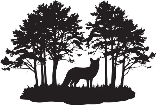 Black silhouette of a wolf howling among trees forest