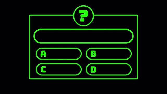 Green outlined quiz panel with four answer choices and a question badge appears on black for surveys, educational and knowledge challenges.