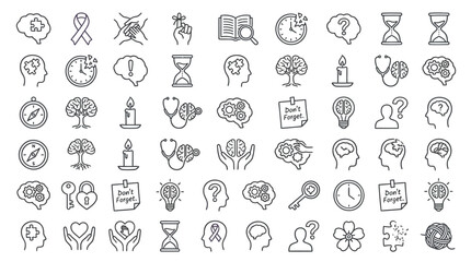 Naklejka premium Collection of line icons representing concepts of memory, learning, and mental health, including brains, clocks, and lightbulbs.