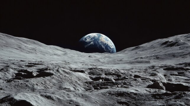 Earth rising above the moon's rugged surface with dramatic lunar landscape, glowing blue planet on the horizon, deep space astronomy, celestial exploration, cosmic science background, planetary discov