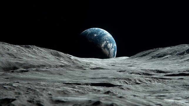 Earth rising above the moon's rugged surface with dramatic lunar landscape, glowing blue planet on the horizon, deep space astronomy, celestial exploration, cosmic science background, planetary discov