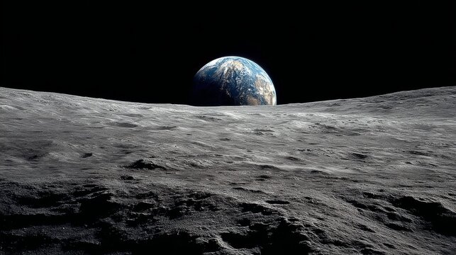 Earth rising above the moon's rugged surface with dramatic lunar landscape, glowing blue planet on the horizon, deep space astronomy, celestial exploration, cosmic science background, planetary discov