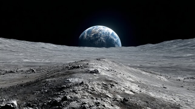 Earth rising above the moon's rugged surface with dramatic lunar landscape, glowing blue planet on the horizon, deep space astronomy, celestial exploration, cosmic science background, planetary discov