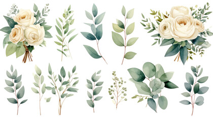 Obraz premium White Roses Bouquet and Greenery Leaf Set Botanical Illustration Assets for Design Projects