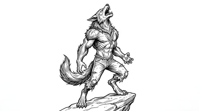 Wolfman, mythical creature, monster illustration, black and white