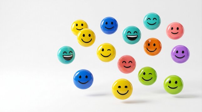 Colorful smiley faces float in air against plain background