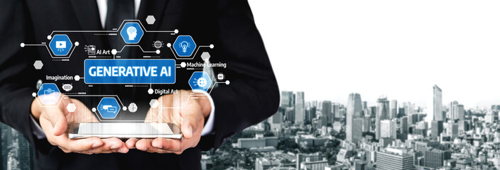 A businessman stands confidently, holding a tablet displaying generative AI graphics, symbolizing the intersection of technology and creativity against an urban backdrop. Tessel © InfiniteFlow