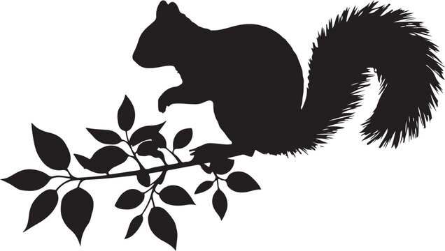 Squirrel silhouette on branch with leaves black