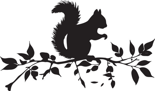 Squirrel silhouette on branch with leaves black