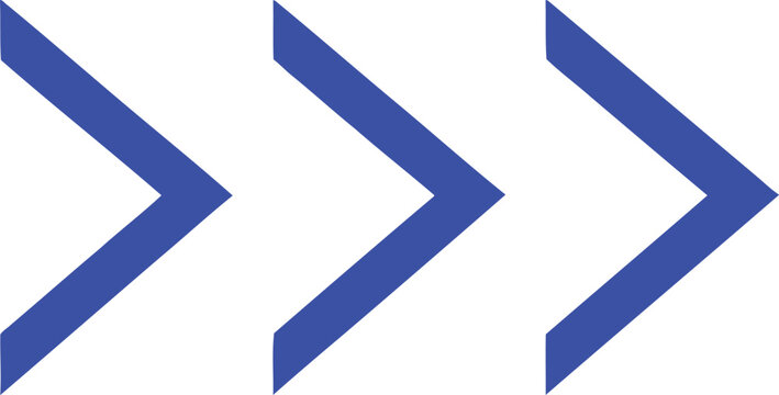 Set of three blue chevron arrow symbols isolated on transparent background for interface design.