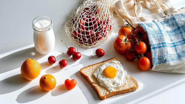 Fresh breakfast with eggs, fruits, and milk.