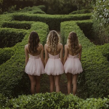 Three friends in dresses explore a garden maze.