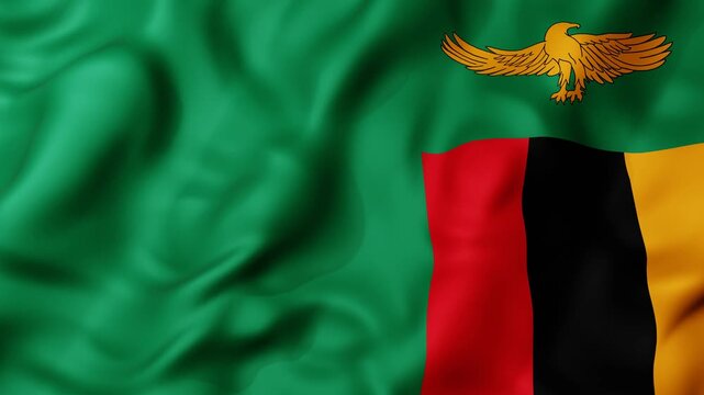 Zambia Flag 3d animation with Green field flows with bold red, black, and yellow stripes. Golden eagle soars above, proud and strong. Texture fabric soft, realistic movement. Patriotic, cultural