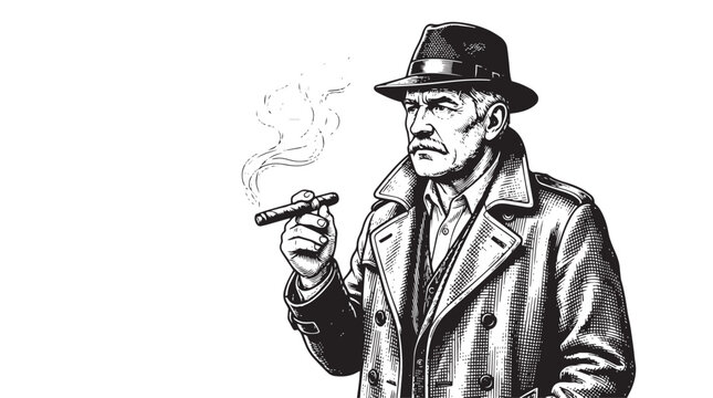 Detective Character Gentleman Illustration Smoking Cigar in Coat