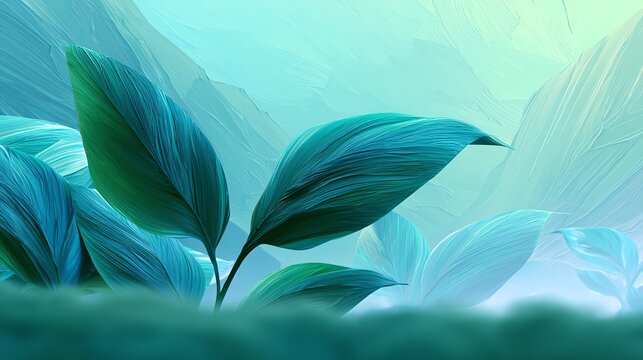 Lush green leaves with a calming blue backdrop.