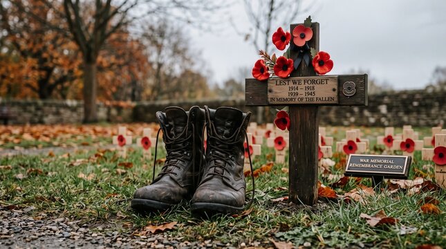 Weathered combat boots at memorial cross with poppies in remembrance garden