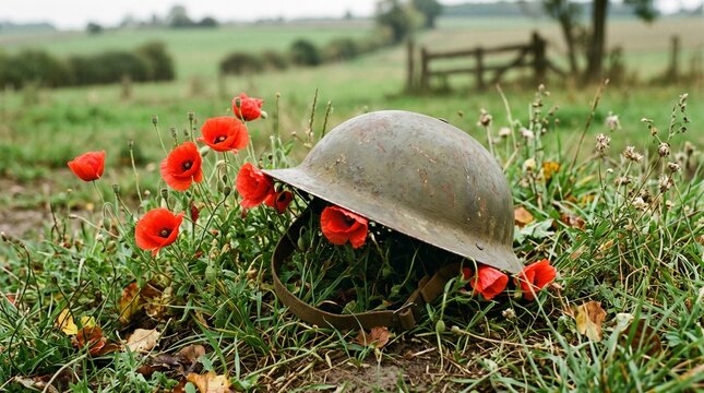 Antique military helmet in poppy field commemorative scene
