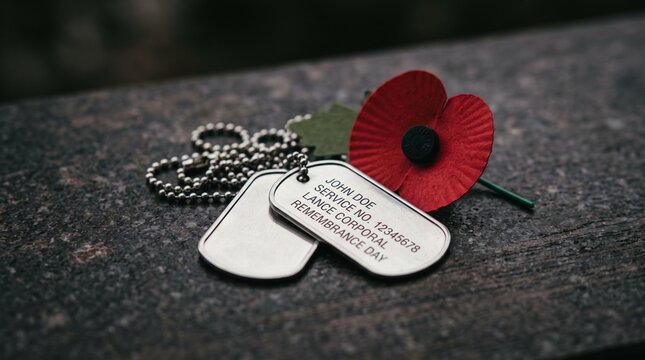 Silver Military Dog Tags with Red Poppy on Stone for Remembrance Day