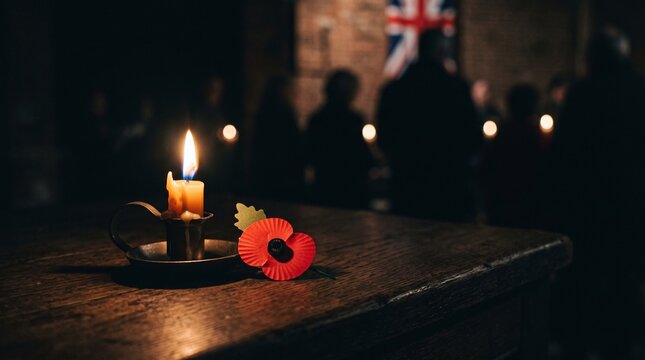 Remembrance candle with red poppy and British flag silhouette