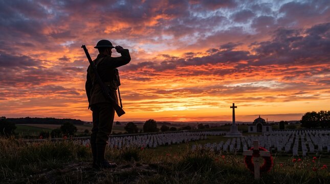 Silhouette of WWI Soldier Saluting at Sunset Military Cemetery