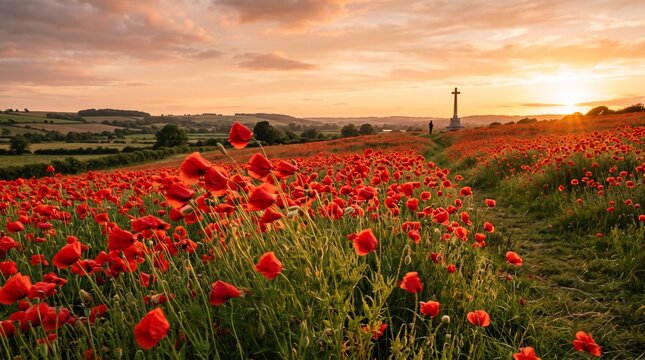 Red poppy field at sunset with stone cross memorial and lone figure