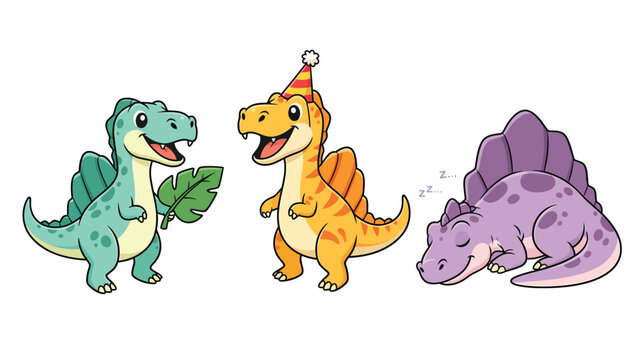 Three cute cartoon dinosaurs, one holding a leaf, one wearing a party hat, and one sleeping peacefully.