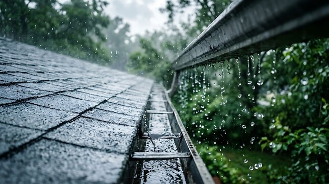 Heavy rain water flowing down a metal roof gutter on a stormy day