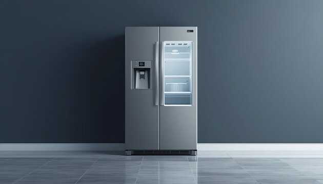Open Modern side by side Stainless Steel Refrigerator. Fridge Freezer. 3d rendering
