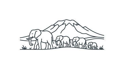 Professional Black and White Line Drawing of Elephant Herd with Mountain Minimalist Wildlife with high quality professional line art symbols for modern creative design and digital branding projects © ahmad rifai