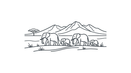Professional Black and White Line Drawing of Elephants Herd in African Savanna Landscape with Mountain © ahmad rifai