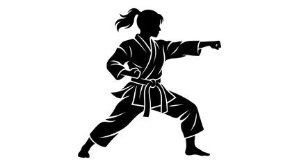 Silhouette of a woman in a karate gi performing a punch, isolated on white background. © JM