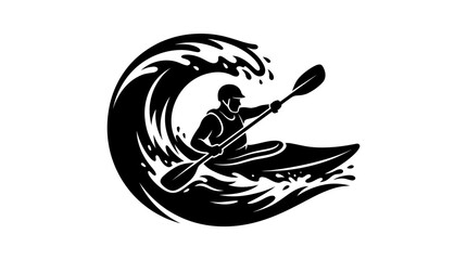 Kayaker Surfing Big Wave, Dynamic Water Sport Silhouette © JM