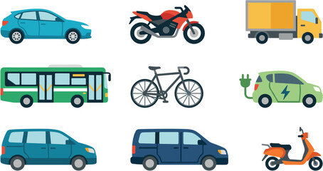 Naklejka premium Modern flat design vector icons of diverse land transportation cars, motorcycles, trucks, buses, bicycles, electric cars, and vans, for urban mobility