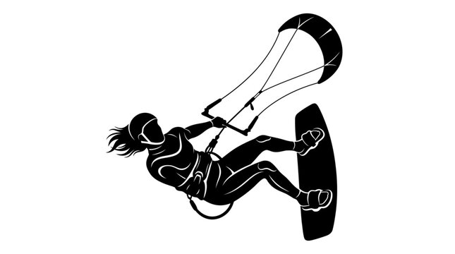 Kitesurfing Silhouette - Woman Riding Wave Board with Kite