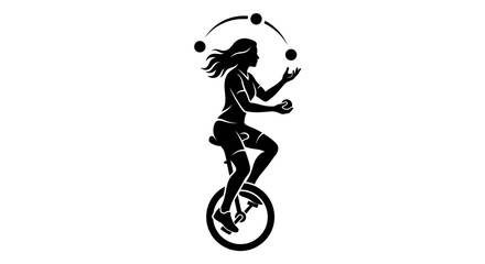 Silhouette of a woman juggling balls while riding a unicycle, isolated on white © JM
