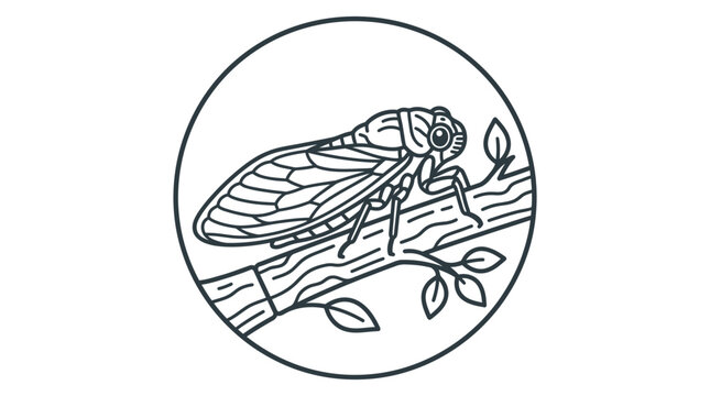 Sleek Black and White Line Drawing of Cicada on Branch Inside Circular Border for Minimalist Design
