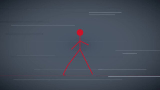 Red stick figure walking animation on dark 4k background, with motion lines, character