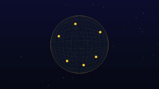 Abstract digital globe with connected nodes and data network lines on dark animation 4k background sphere