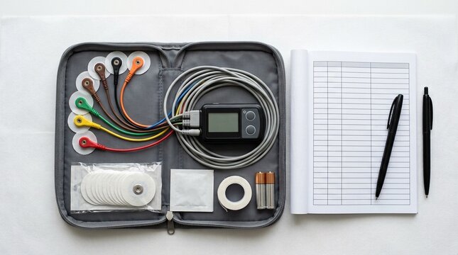 Ambulatory ECG Holter monitor with electrode leads and a recording device and a patient diary in a cardiology research kit overhead flat lay