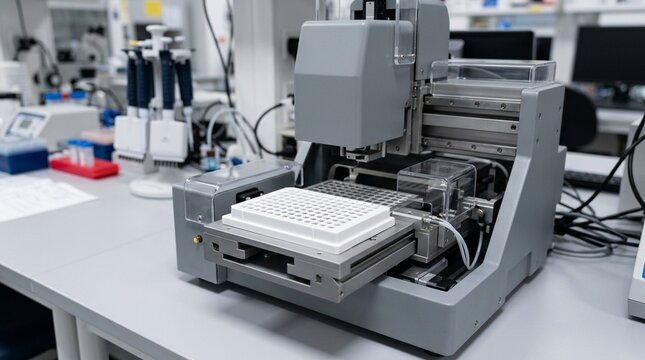 Automated patch clamp instrument with a multi-well planar electrode array loaded in a high-throughput electrophysiology lab close-up