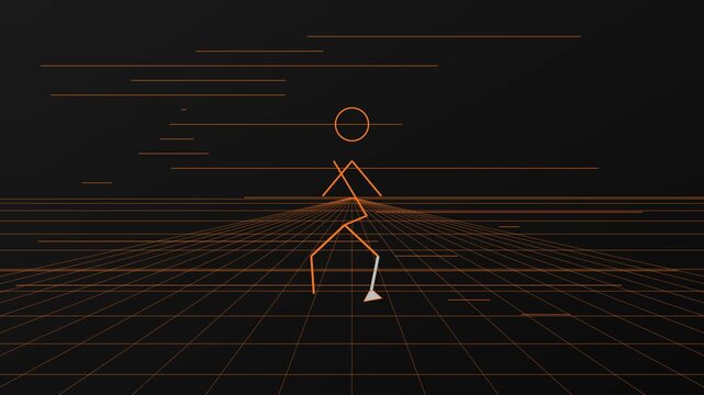 Abstract stick figure running on digital grid background, with motion lines, for futuristic technology, and data visualization, animation 4k