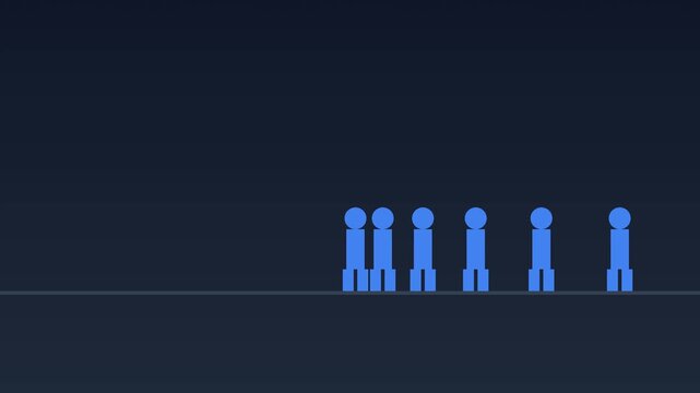 Blue stick figures merging into a single group animation on dark 4k background, motion merging team unity